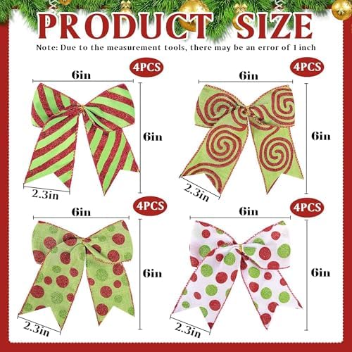 16 Pcs Red Green Christmas Bow Decoration, Glitter Polka Xmas Wreath Bows