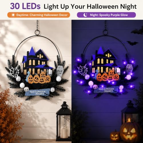 Halloween Wreath with Lights, 15.7 Inch, 6H On/18H Off Timer