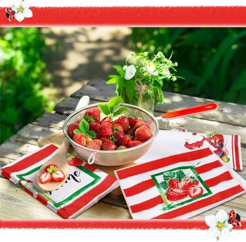 Sratte 6 Pcs Strawberry Kitchen Towels Gnome Summer Hand Towel, 24x16 Inch