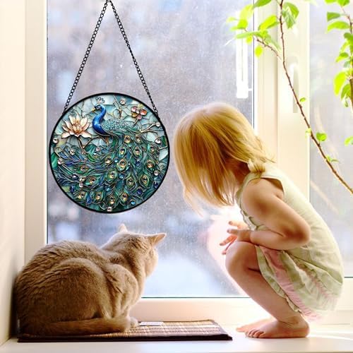 Peacock and Lotus Stained Glass Window Hanging Suncatcher Gifts Decor 6.3"