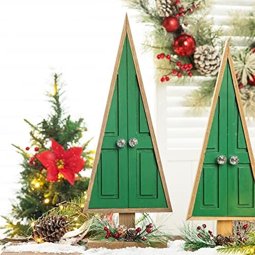 glitzhome Tabletop Wooden Christmas Tree Set of 2 with Pinecones and Berries for Xmas Holiday Home Decorations, 19" H, Green