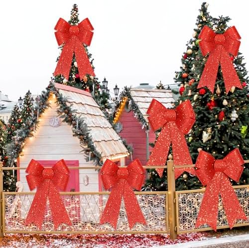 2 PCS Christmas Bows, 12 x 18 IN Christmas Bows Outdoor, Glitter Red Xmas Decorations Velvet PVC Large Christmas Bows Indoor Outdoor Christmas Wreath Bows Hanging Decor for Fence Fireplace Stairs