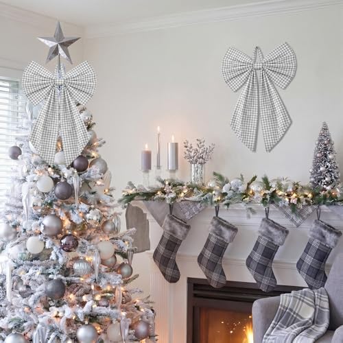 Suncalla 2 Pcs Grey Christmas Gingham Wreath Bows 18'' x 12''
