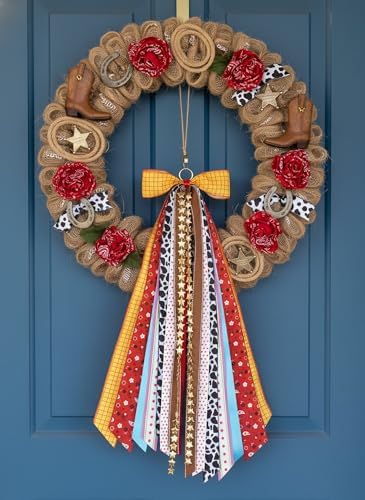 Cow Print Ribbon Bow Set, 27.5" Western Themed Wreath Decoration with 9 Assorted Ribbons, Yellow Plaid Cowboy Door Hanger Sash for Birthday Party Kids Room & Gift Wrapping