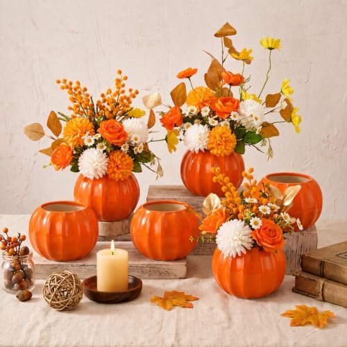 6 Pcs Fall Ceramic Pumpkin Vases Fall Flower Vase, Orange