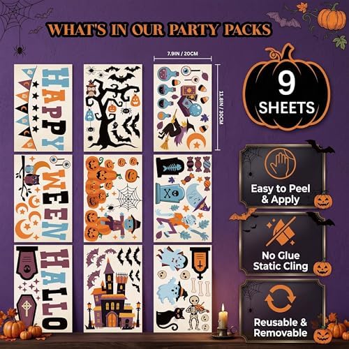 Halloween Window Clings Decorations Indoor, Reusable Static Stickers Decals for Glass Door Home Kids Party Decor