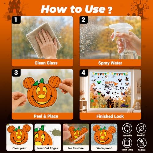 Halloween Window Clings, 7 Sheet Cute Themed Pumpkin Spider Halloween Party