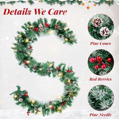 BlessedSeason 9FT Christmas Garland with Lights, Timer Artificial Lighted Garland Indoor for Stairs, Fireplace, 50 Lights Green Garland, Christmas Decoration with Cones & Red Berries & Pine Needle