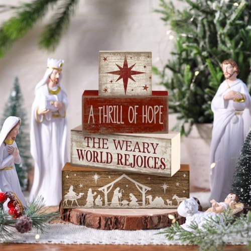 Lineshading 4 Pcs Christmas Table Decorations, Nativity Wooden Block Signs