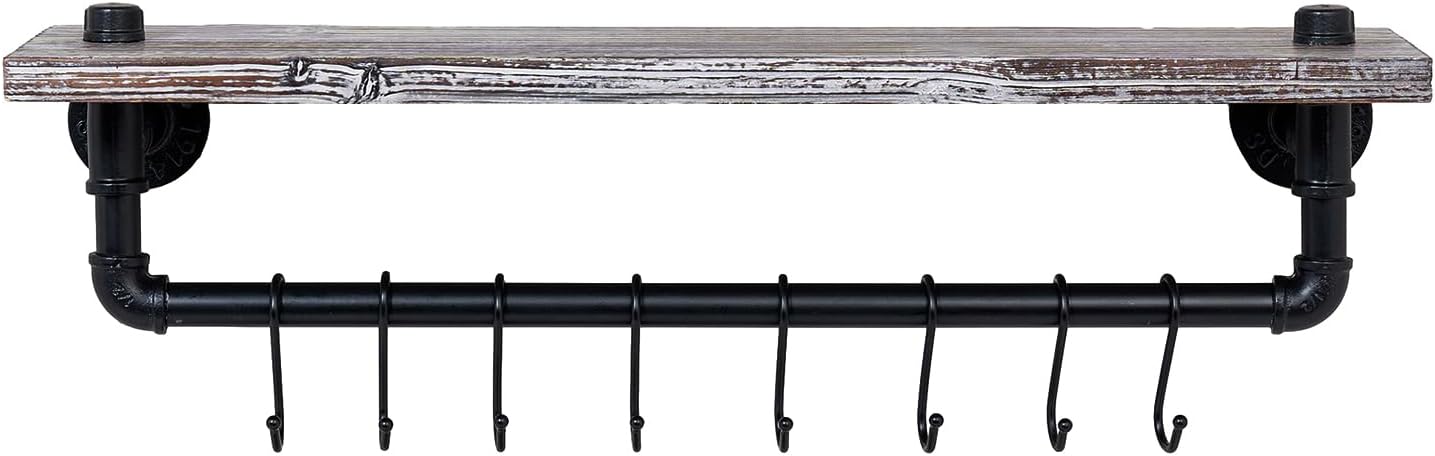 MyGift Wall Mounted Kitchen Pot Rack, Rustic Torched Wood Floating Display Shelf and Industrial Matte Black Metal Pipe