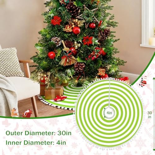 30 Inch Green and White Christmas Tree Skirt with Pom Poms