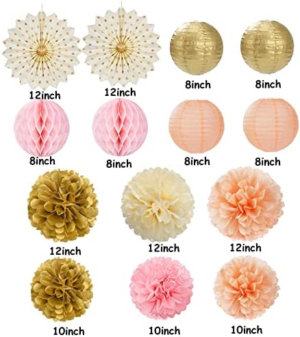 Pink Peach Gold Party Decorations - 14pcs Bridal Baby Shower Girls Birthday Paper Lanterns Fan,Tissue Pom Poms Streamers,Honeycomb Balls,Engagement Wedding Bachelorette Brunch Decor Lasting Surprise