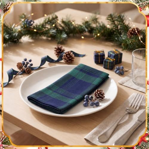 Chumia 12 Packs Christmas Blue and Green Tartan Plaid Napkins Christmas Napkins Paper Cotton Blend Cloth Dinner Reusable Washable Festive Table Decor for Xmas Holiday Dinner Party Family Meals