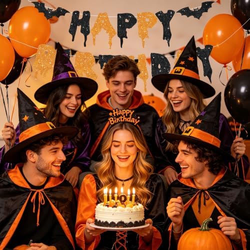 Glitter Happy Birthday Halloween Banner - NO DIY - Halloween Hanging Paper Garland Bunting Banner Decorations, Party Supplies for Kids Boy Girl Birthday Black Orange