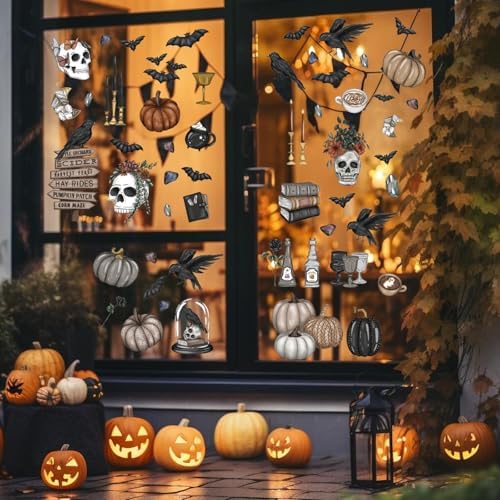 JarThenaAMCS 76Pcs Halloween Window Clings Gothic Skull Pumpkin Crow Window Sticker Double-Sided Decal for Glass Mirror Decor, 9 Sheet