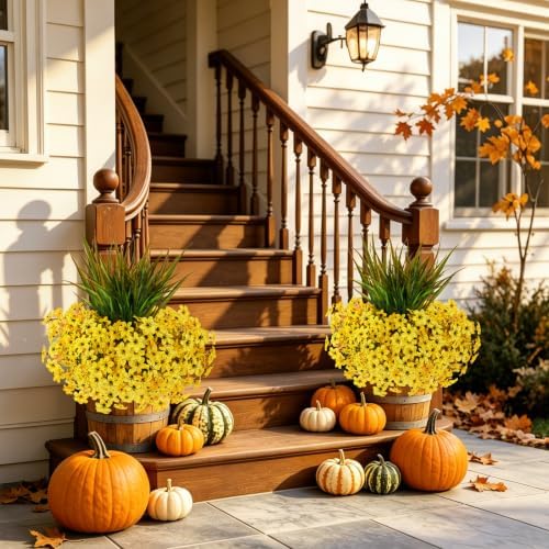 15 PCS Artificial Fall Flowers for Outdoors, Six-Petaled Faux Silk Mums