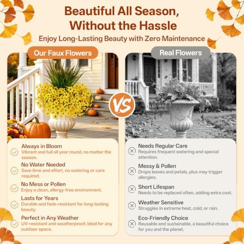 15 PCS Artificial Fall Flowers for Outdoors, Six-Petaled Faux Silk Mums