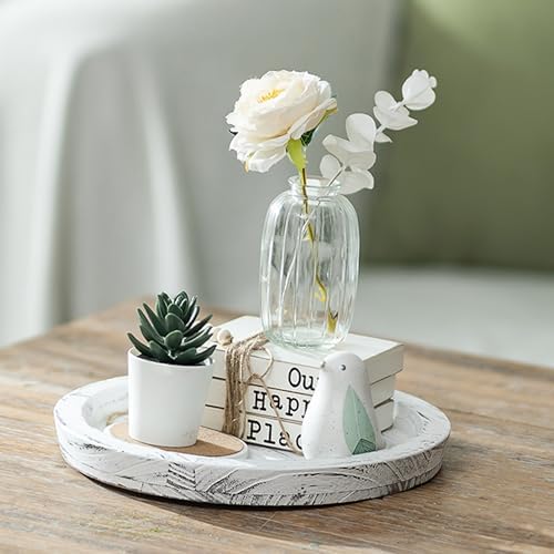 Hanobe Round Wood Candle Holder Trays for Coffee Table, Rustic White Finish