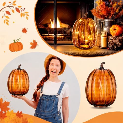 Glooglitter Mercury Glass Pumpkin Light LED Fall Lamp, Oval, Amber, Large
