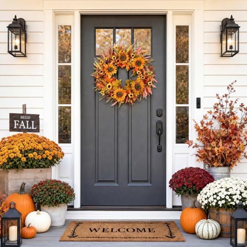 Pinkpum 24" Fall Wreath Front Door Sunflower Artificial Wall Decor Autumn