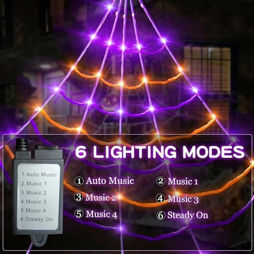 [Motion Activated Lighting&Speaking] 20 * 17FT Halloween Spider Web 150 Led Purple&Orange Lights Light Up Lighted Triangular Giant Waterproof with 200sqft Cobweb for Outdoor Decor Yard Decoration