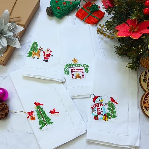 HCRAFT Embroidered Cotton Table Napkin, Cloth Napkins Set of 4 18"x18" Christmas Fireplace Napkin Square Fabric, Dining Room, Napkins Cloth Machine Washable, Christmas Napkins, Great Present Ideas