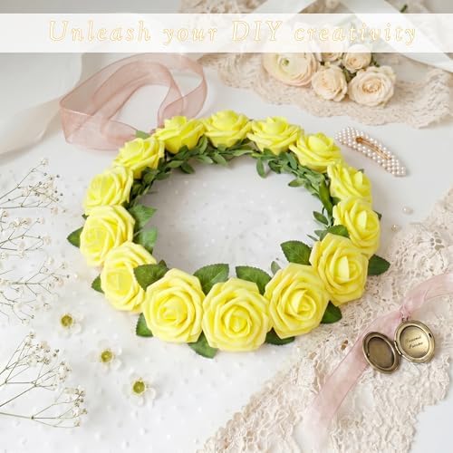 16 Pcs Yellow Artificial Flowers, Fake Roses with Stems