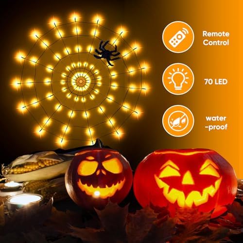 LCHUANG Halloween Decorations Spider Web Lights - 2 Pcs Light Up Spider Web, 4FT Diameter 70 LED with Black Spider, Waterproof, Remote Control, 8 Modes Cobweb Halloween Decorations (Purple+Orange)
