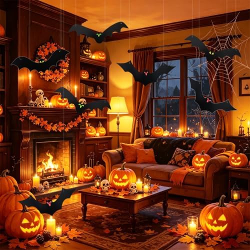 JoFAN 12 Pack Halloween Hanging Bats 3D Realistic Spooky Black Flying Bat for Halloween Decorations Outdoor Indoor Yard Lawn Halloween Party Supplies