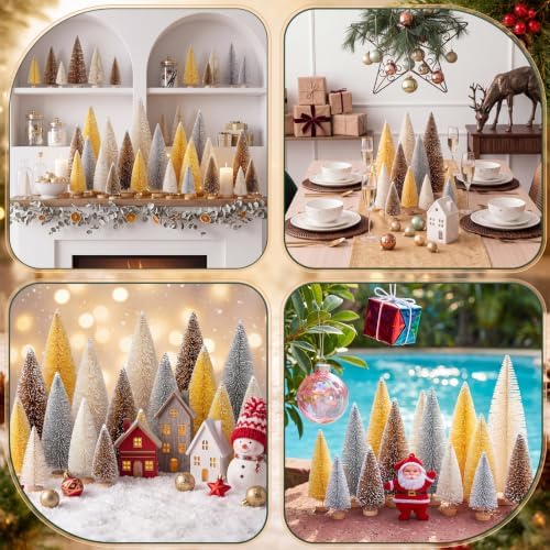 Vinsot 20 Pcs Bottle Brush Christmas Trees Miniature Tree, White,Gold