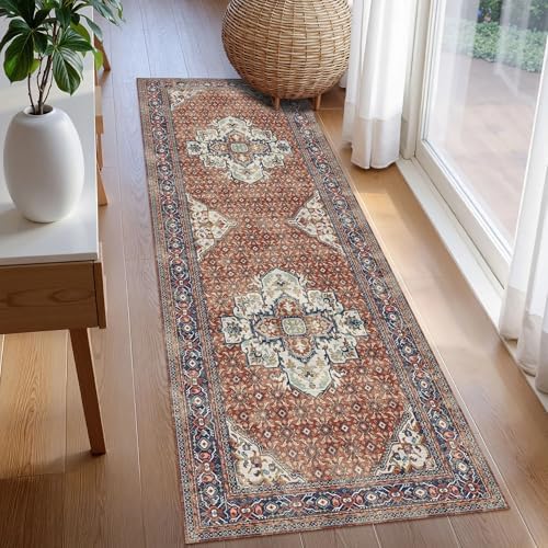 Washable Area Rug 2'6'' x 8' Vintage Traditional Persian Mat - Foldable Distressed Non-Slip Machine Washable Carpet for