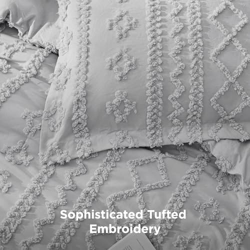 Bedsure Tufted Boho Comforter Set Queen Size - Light Grey Boho Bed Set, GentleSoft™ 3 Pieces Farmhouse-Style Embroidery