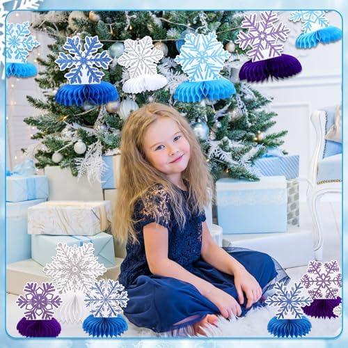 12 PCS Snowflake Honeycomb Centerpieces for Tables Frozen Birthday Party Decorations Snowflake Table Centerpieces Winter Wonderland Party Decorations for Christmas Holiday Baby Shower Supplies