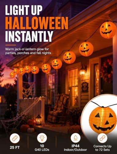 25FT Halloween Pumpkin Lantern String Lights, 10 Large Jack O'Lanterns