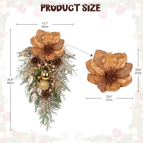 27" Champagne Artificial Christmas Teardrop Swag with Magnolia, Gold Christmas Balls, Berries Leaves Branches Pine Cones Pine Needles for Front Door, Home Window Indoor Outdoor Xmas & Holiday Decor