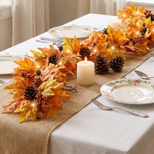 6FT Fall Garland with 30 Warm Lights & Timer & Gradient Maple Leaves