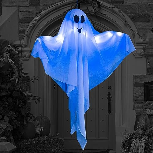 4 Pack Halloween Hanging Ghost Decorations, 27.5" Light Up Spooky Floating Ghosts with Blue LED, Outdoor & Indoor Haunted House, Porch, Yard, Party Decor, Patio Lawn Garden