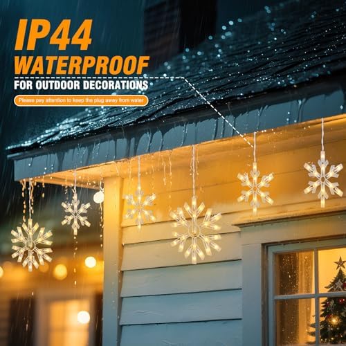 Minetom Snowflake Christmas String Lights with 9 Drops - 13ft 150 Mini Bulb Icicle Lights with Clips, Plug-in Connectable Hanging Lights for Front Porch House Tree Decor Holiday Décor