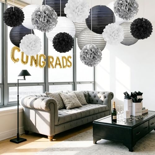 18 PCS Black White Silver Paper Lanterns & Tissue Paper Pom Poms for Men's Birthday, Graduation 2026, Wedding, Hanging Paper Decor for Indoor Outdoor Events Theme Party Supplies