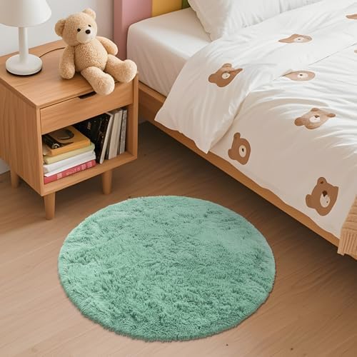 OLANLY Mint Green Round Rugs for Bedroom - Machine Washable, 2 ft Circle Area Rugs for Living Room, Soft and Fluffy