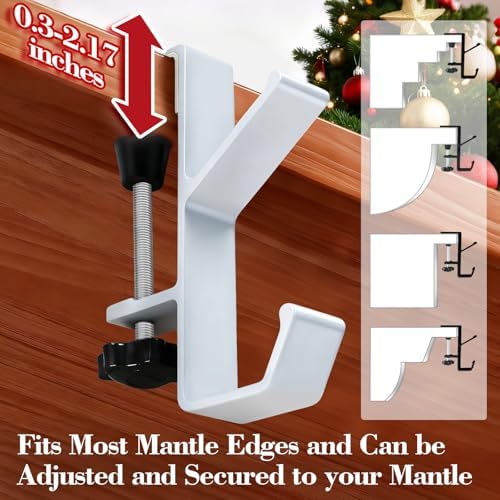 4 Pack Stocking Holders for Mantle for Christmas Decorations,2 in 1 Mantle Garland Holder for Hanging Christmas Stockings,No Drilling Required & Adjustable Garland Hanger, Metal(White)