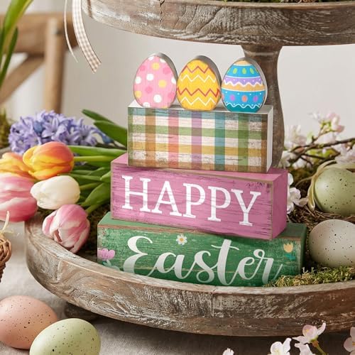 Lineshading 4 Pcs Easter Wooden Block Signs, Farmhouse Tiered Tray Decor