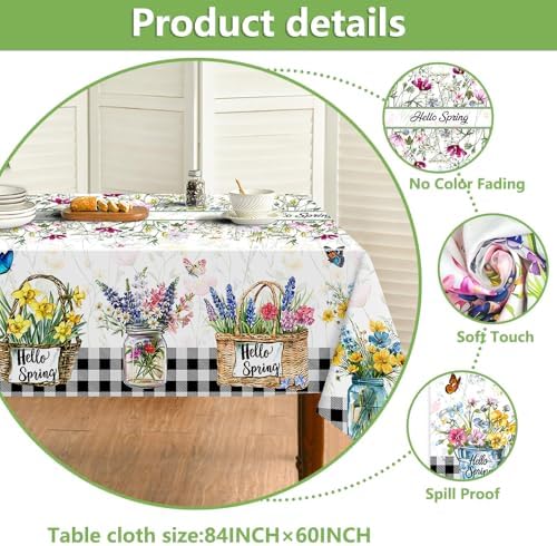 Quimoy Spring Summer Tablecloth 60x84 Inch, Rectangular Botany Tablecloth, Floral Table Cover for Spring Summer Party Picnic Kitchen Dinner Decor