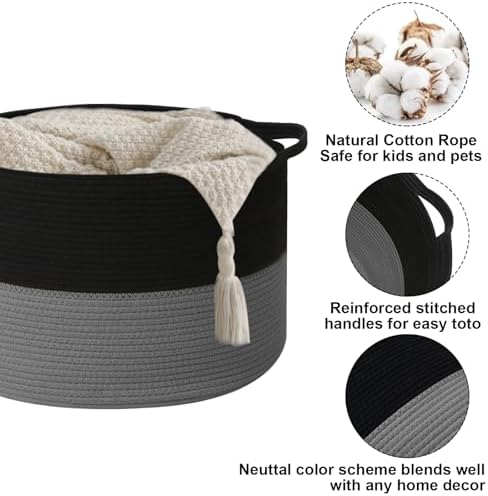 65L Large Blanket Basket,Woven Rope Laundry Basket-Black&Dark Grey