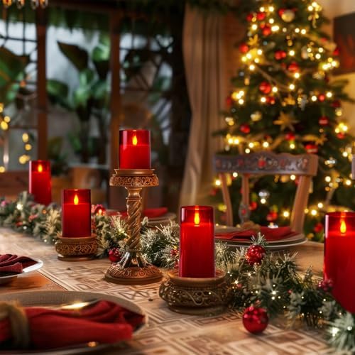 Homemory Christmas Red Flickering Flameless Candles, Battery Operated Acrylic LED Pillar Candles with Remote Control and Timer, Set of 5