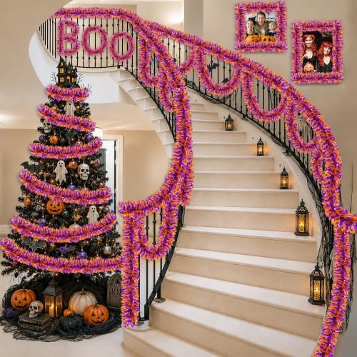 50FT Halloween Garland,Purple Orange Tinsel Garland Halloween Decorations