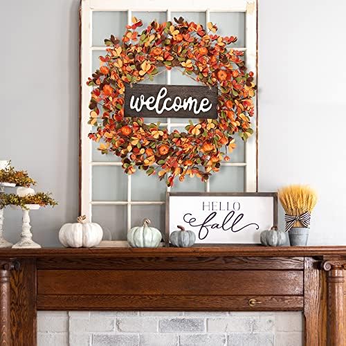 Sggvecsy Fall Wreath 20'' Autumn Front Door Harvest with Small Pumpkin Berry Round Leaves Decorations for Outside Indoor Wall Window Festival Thanksgiving Decor(Orange)
