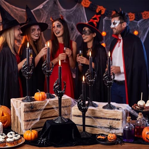Qinyoung 2 Set Halloween Skull Taper Candle Holders Skeleton Hands Holder Candle Resin Gothic Tea Light Stand Spooky Horror Skeleton Hand Ghost Candlestick for Party Decoration Party(Black)