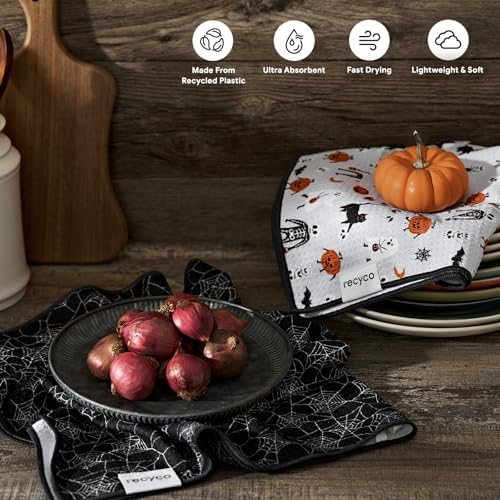 RECYCO Halloween Waffle Kitchen Towel Set of 2 - Quick Dry Microfiber Sustainable Dish Towels - Absorbent Reusable Cleaning Tea Towels - Lightweight Hand Towels,16”x 28”, Spooky Soiree