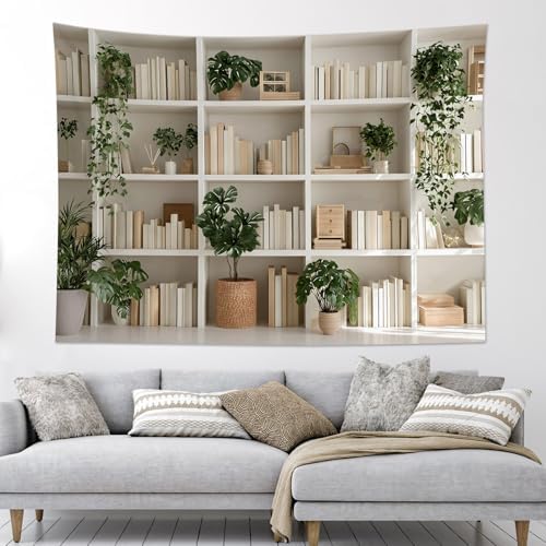 HVEST Botanical Bookshelf Tapestry Green Plant Potted and Books Wall Tapestry for Living Room Aesthetic Reading Tapestries Wall Art Decor for Bedroom Office Library Classroom, 70.9L x 92.5W Inches